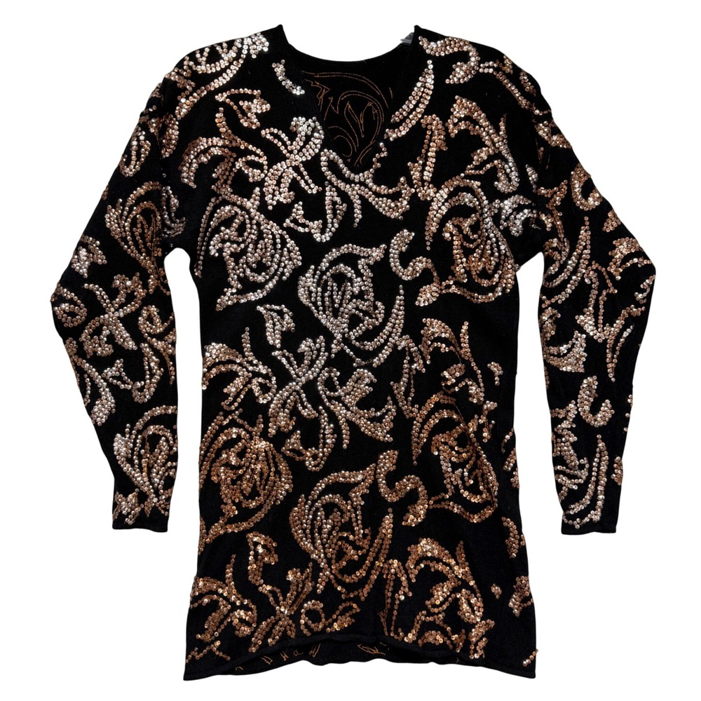 Nancy Johnson Black‎ Wool Sequin Baroque Floral V-Neck Longline Sweater Tunic